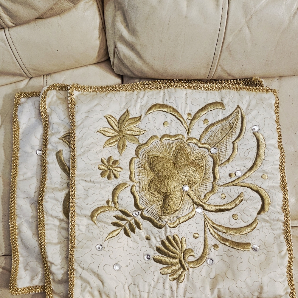Set of 3 VTG Goldwork Embroidered 15" x 15" Square Accent Shams Pillows Not Incl